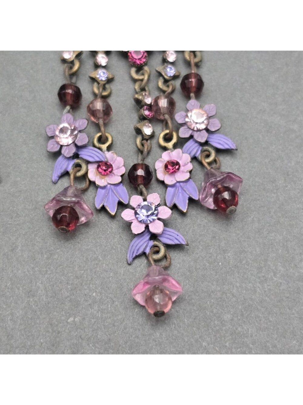 Vintage Michal Negrin Brass Dangle Earrings 4.75" Pastel Floral Crystal Drop - Picture 5 of 11